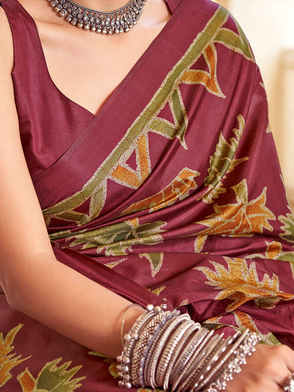 Maroon Banarasi Silk Blend Printed Saree