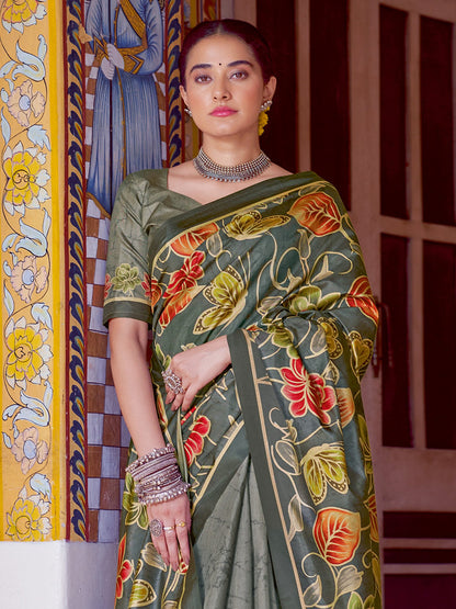 Olive Banarasi Silk Blend Printed Saree