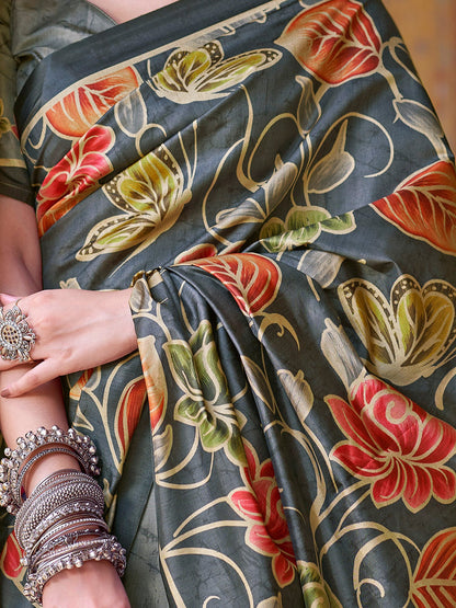Olive Banarasi Silk Blend Printed Saree