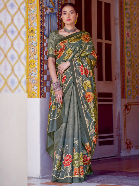 Green Olive Banarasi Silk Blend Printed Saree