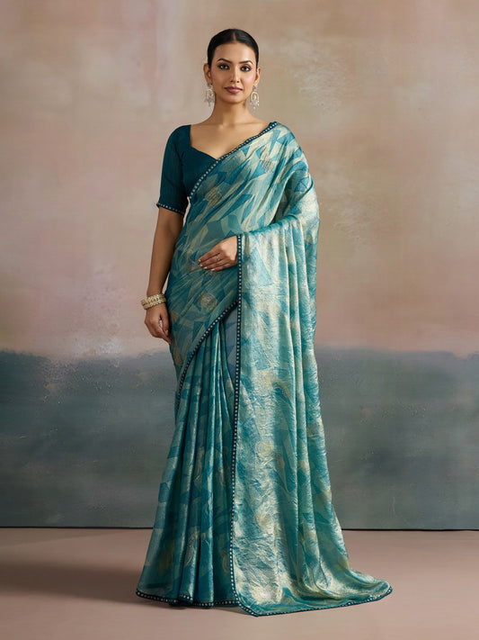 Light Blue Light Party Wear Chiffon Printed Saree