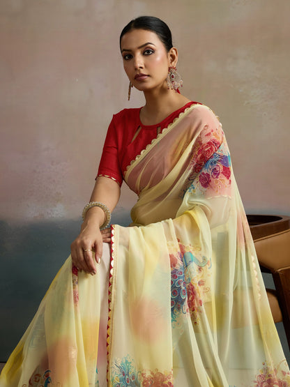 Yellow Party Wear Georgette Printed Saree