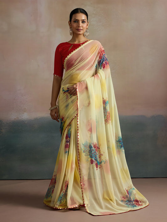 Yellow Yellow Party Wear Georgette Printed Saree