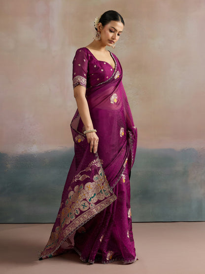 Magenta Uppada Organza Woven Saree