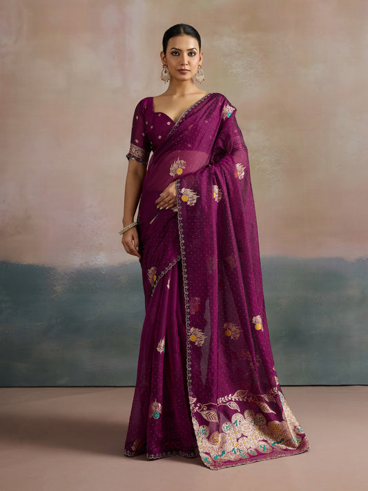 Purple Magenta Uppada Organza Woven Saree