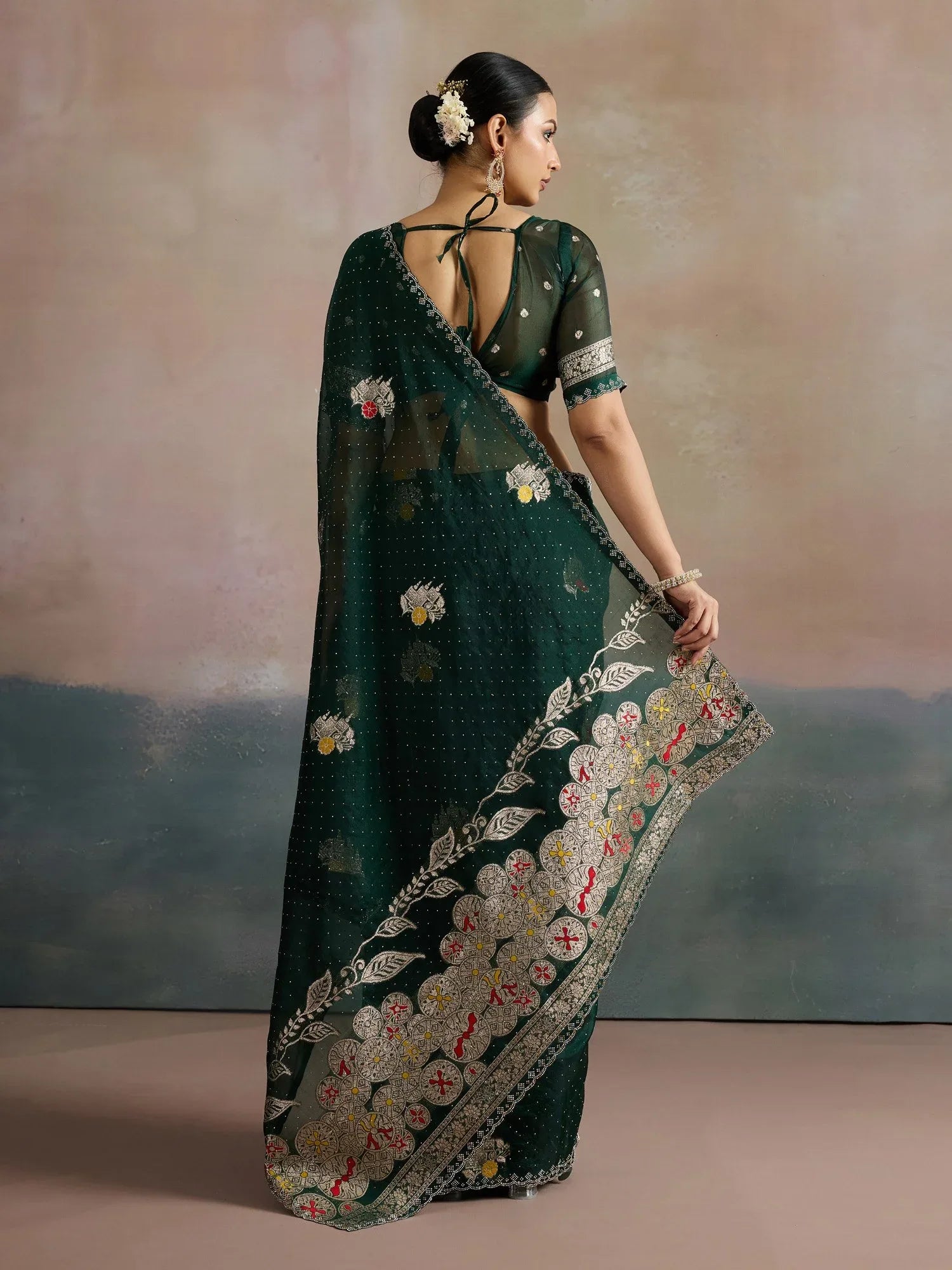 Dark Green Uppada Organza Woven Saree