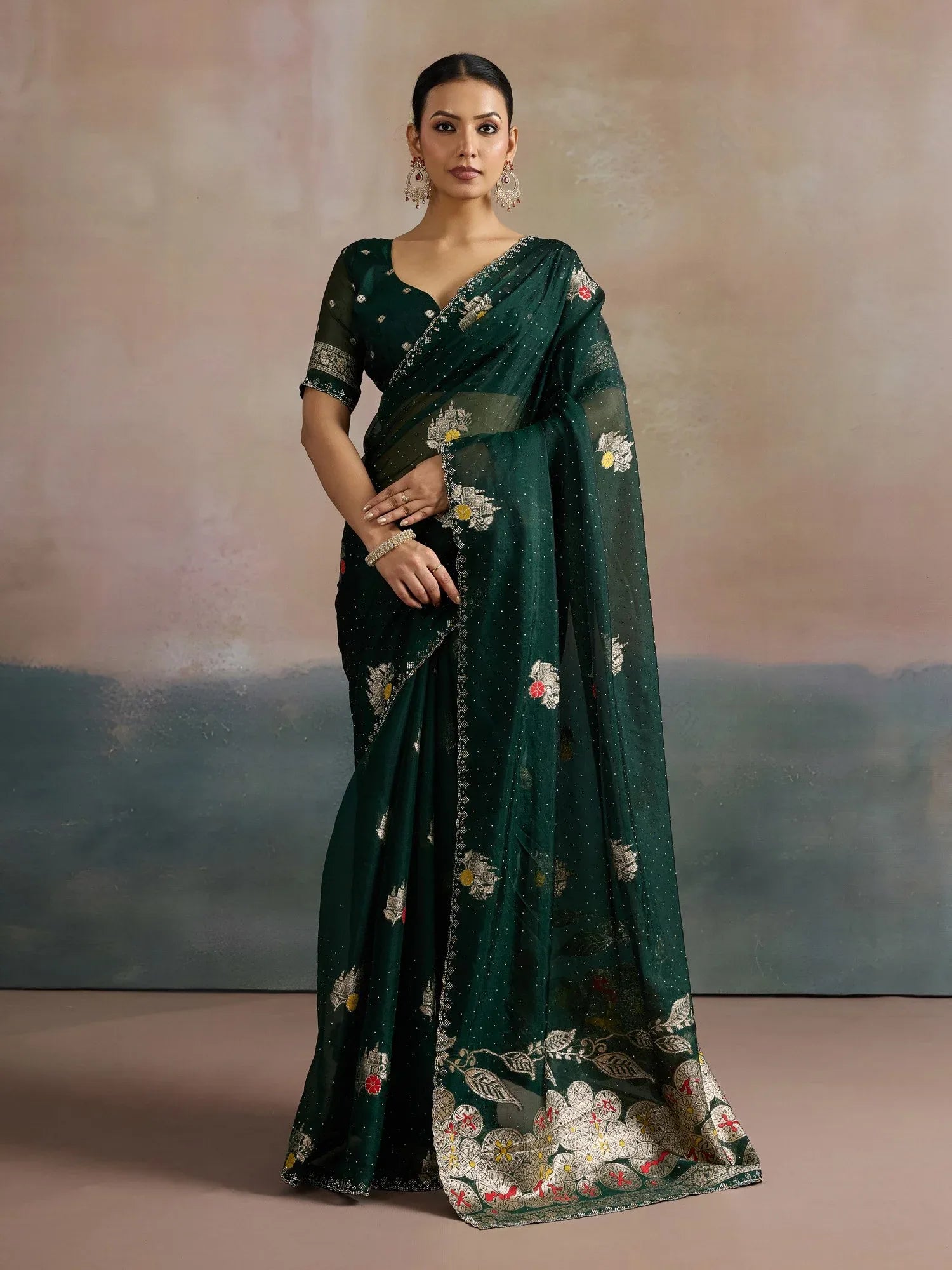 Green Dark Uppada Organza Woven Saree