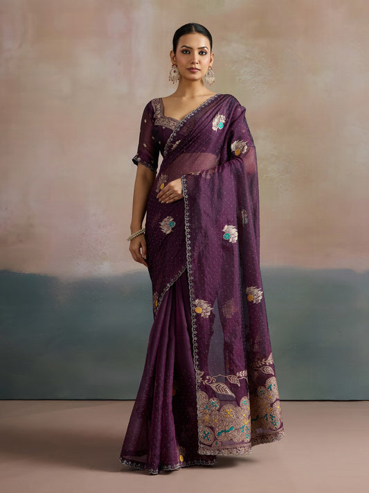 Purple Purple Uppada Organza Woven Saree