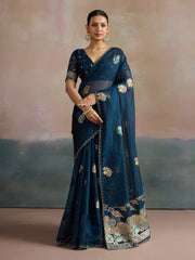 Blue Teal Uppada Organza Woven Saree