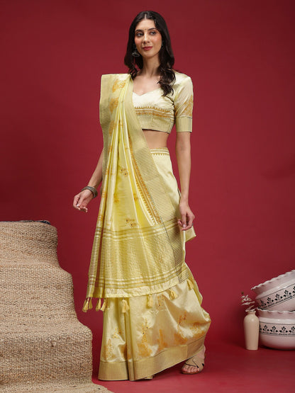 Yellow Banarasi Linen Woven Saree
