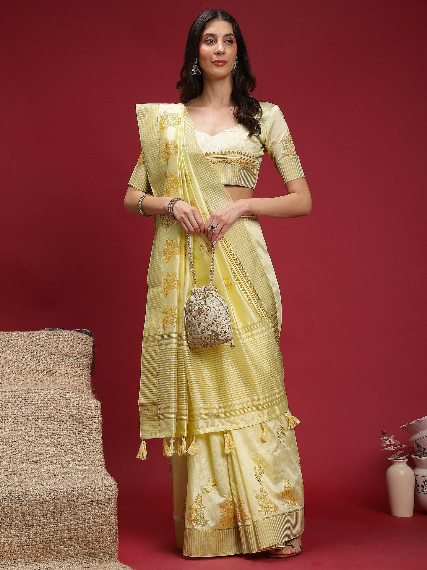 Yellow Banarasi Linen Woven Saree