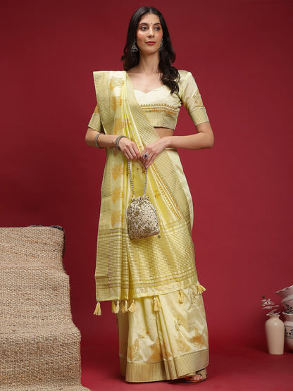 Yellow Banarasi Linen Woven Saree