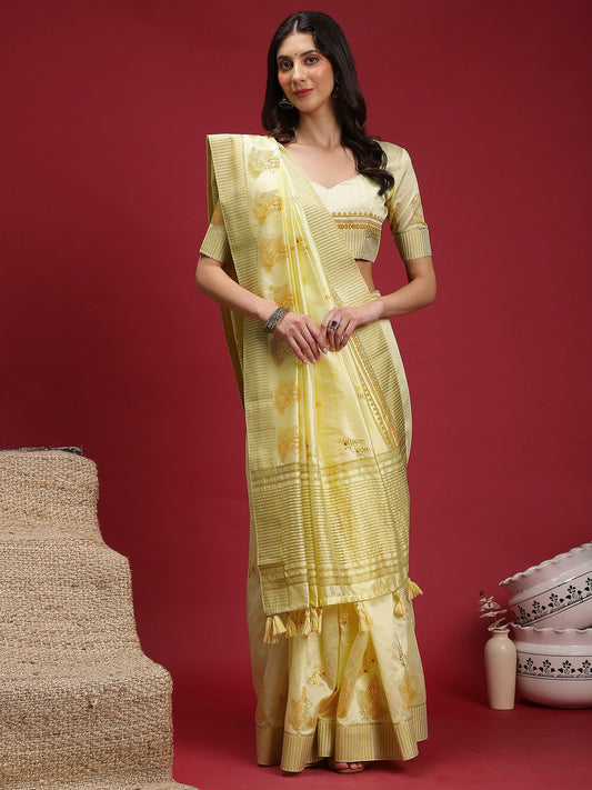 Yellow Yellow Banarasi Linen Woven Saree