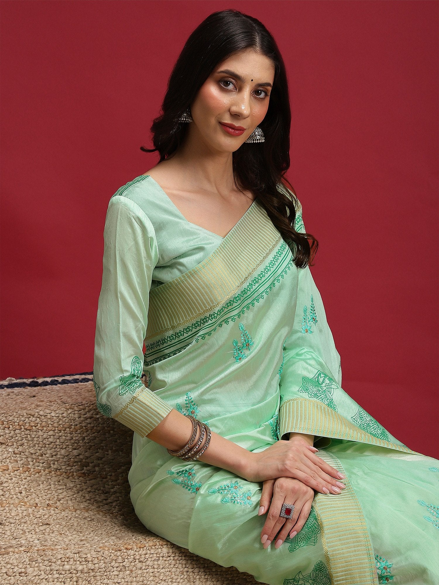 Turquoise Banarasi Linen Woven Saree