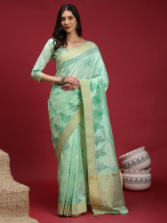 Green Turquoise Banarasi Linen Woven Saree