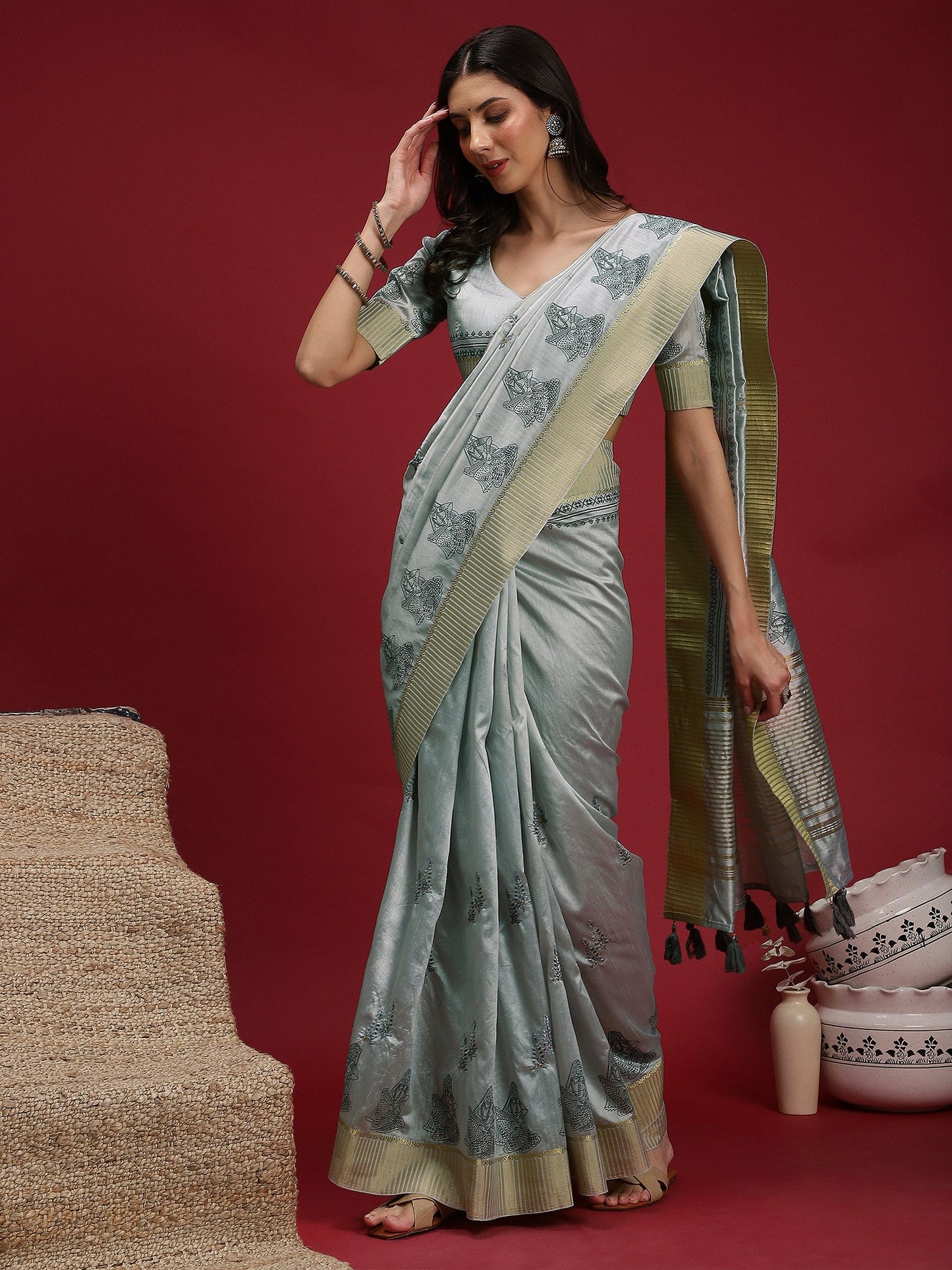 Grey Banarasi Linen Woven Saree