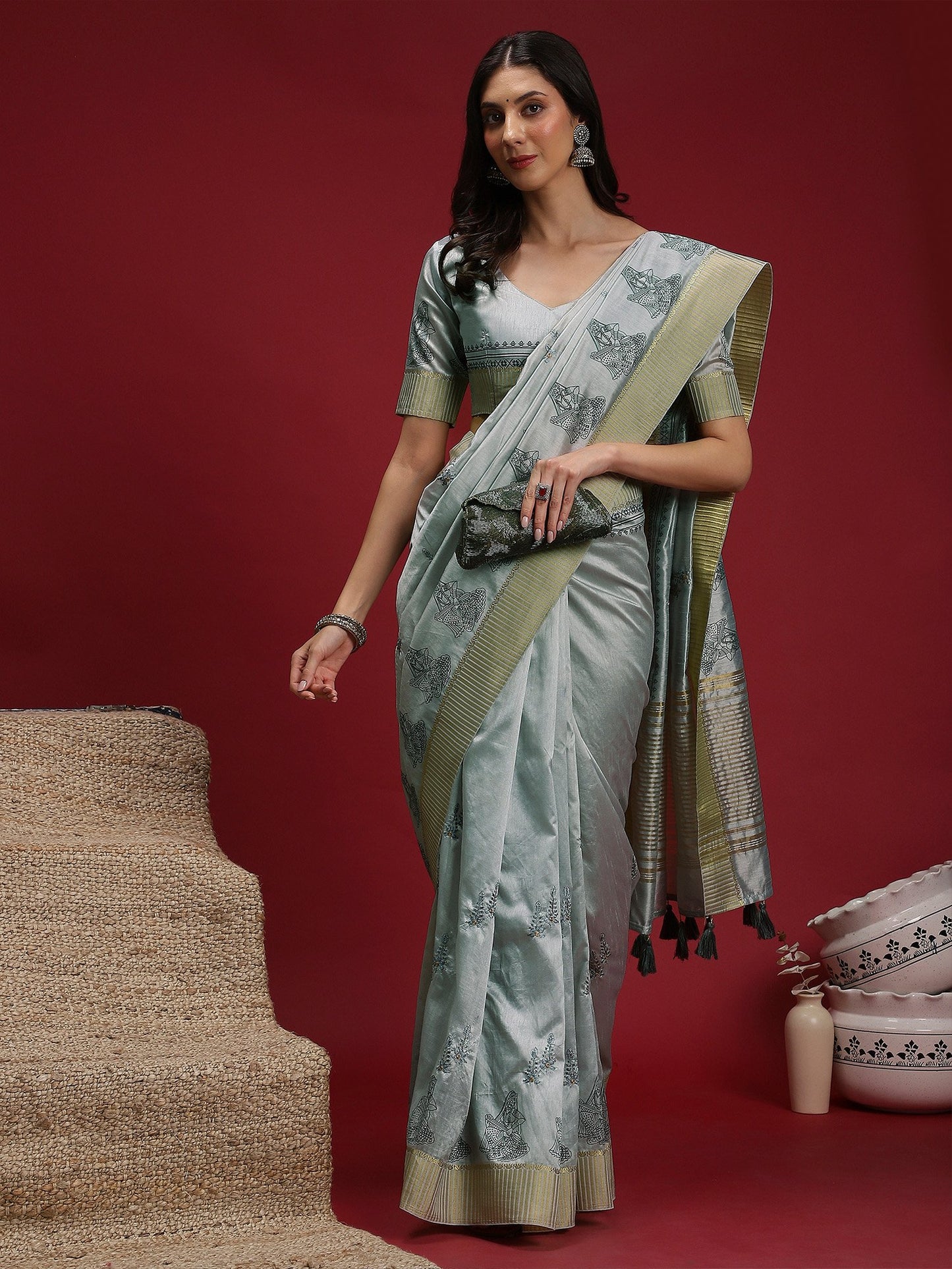 Grey Banarasi Linen Woven Saree