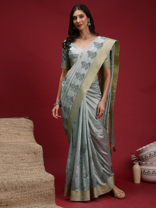 Grey Grey Banarasi Linen Woven Saree