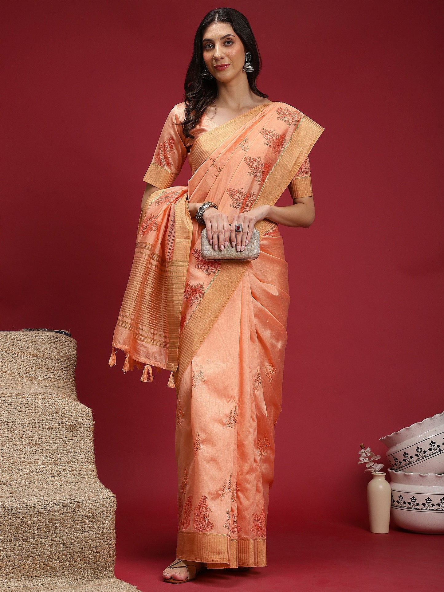 Peach Banarasi Linen Woven Saree
