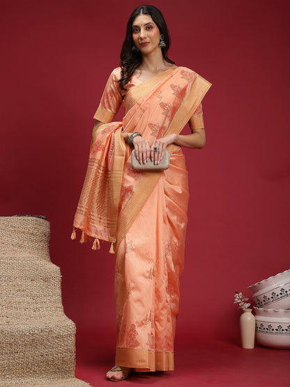 Peach Banarasi Linen Woven Saree