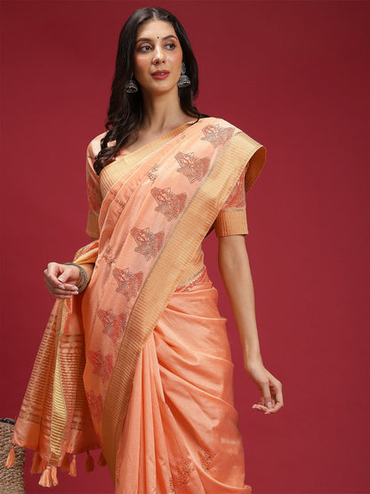 Peach Banarasi Linen Woven Saree