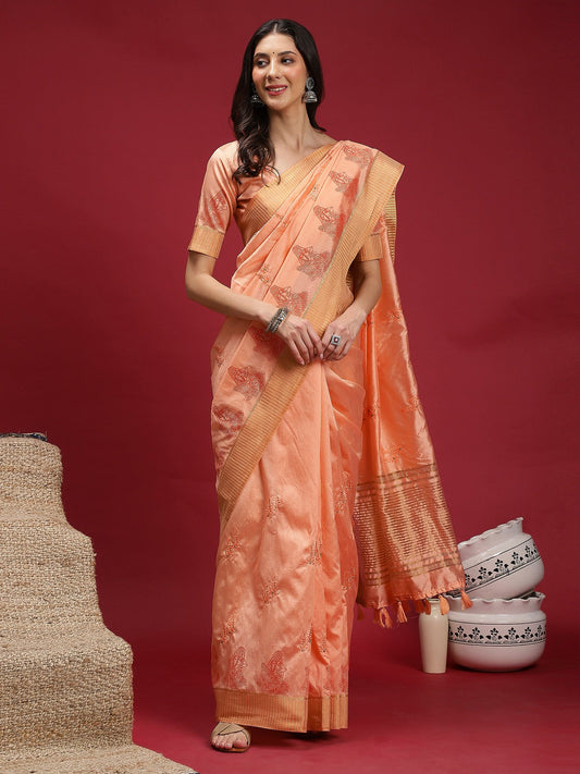 Pink Peach Banarasi Linen Woven Saree