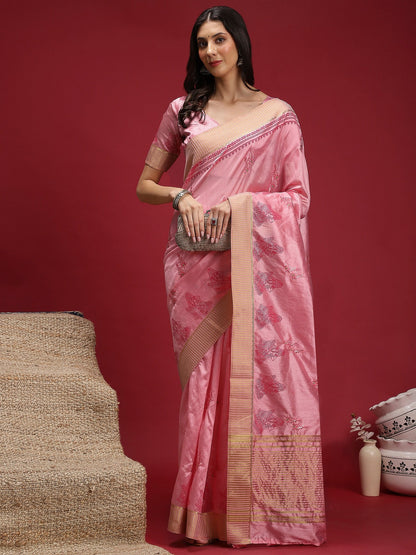 Pink Banarasi Linen Woven Saree