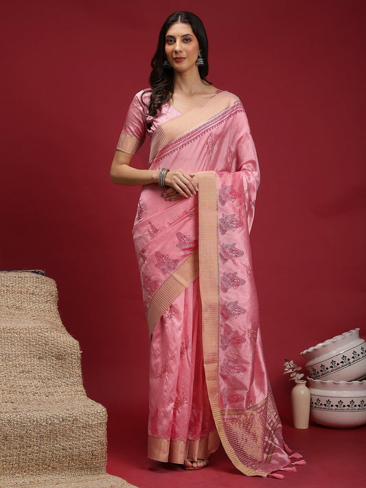 Pink Pink Banarasi Linen Woven Saree