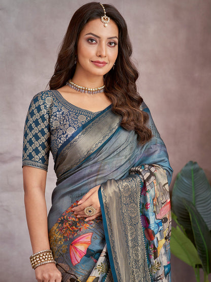 Blue Banarasi Viscose Printed Saree