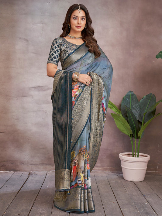 Blue Blue Banarasi Viscose Printed Saree