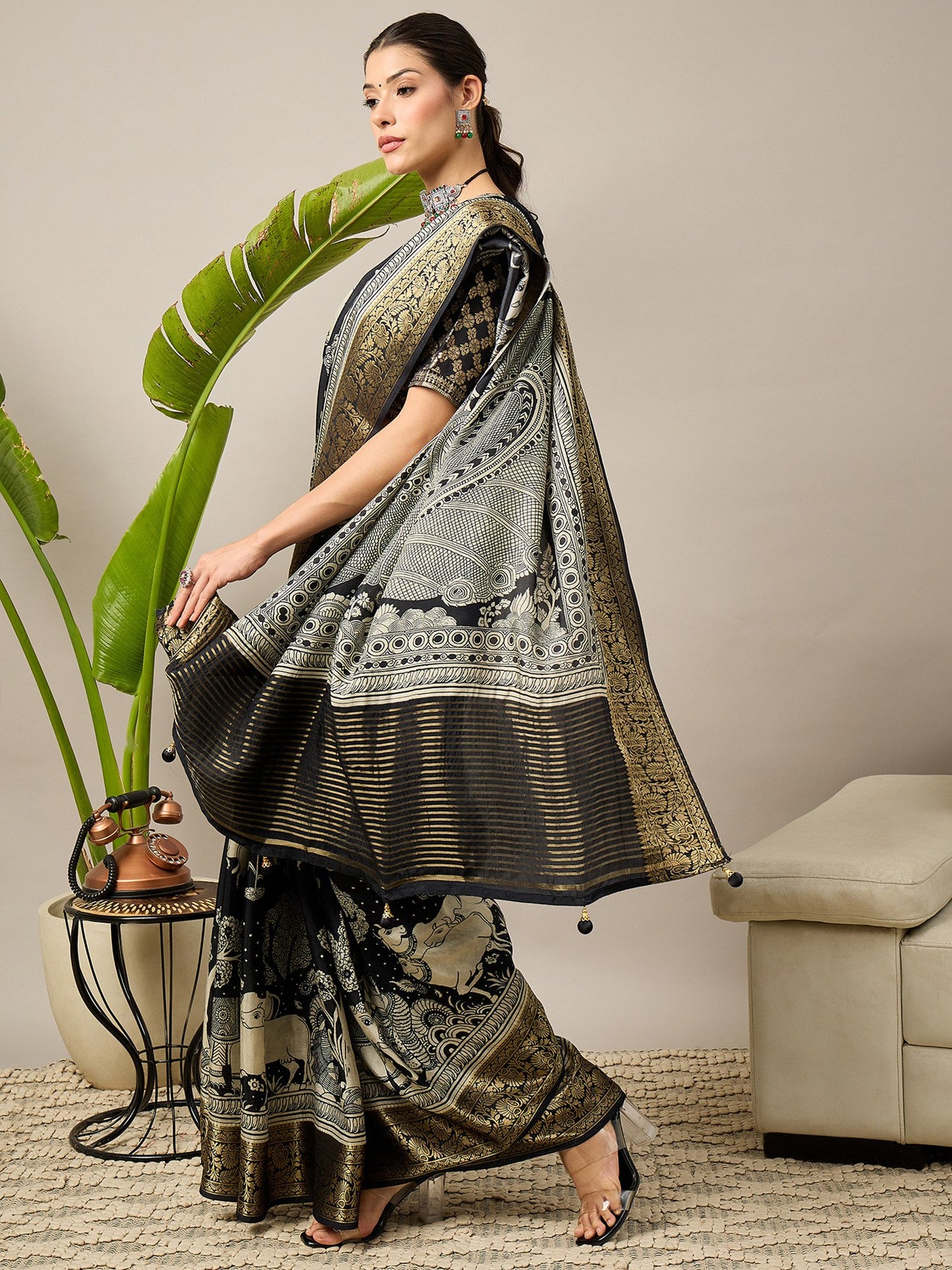 Black Banarasi Viscose Printed Saree
