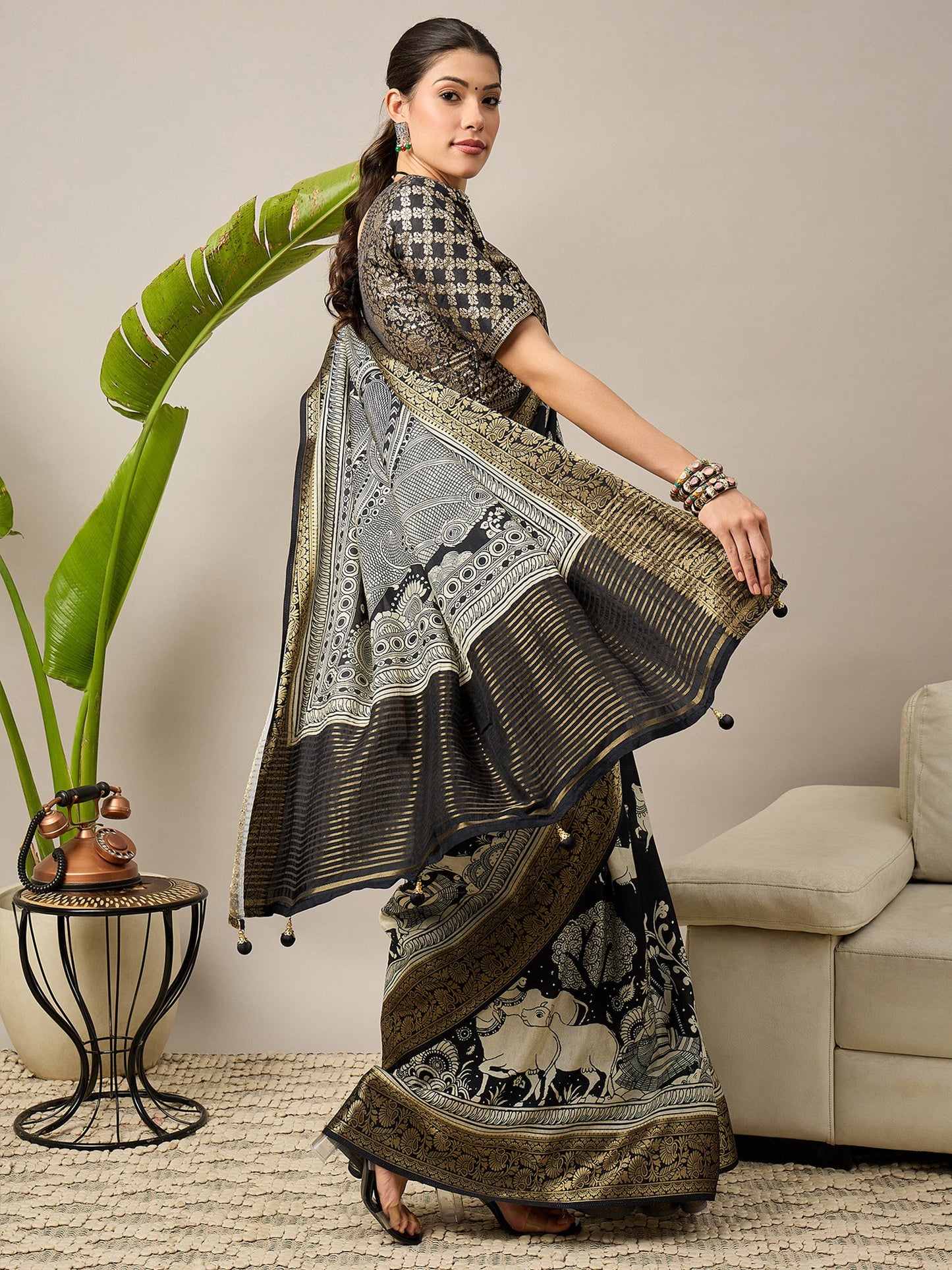 Black Banarasi Viscose Printed Saree