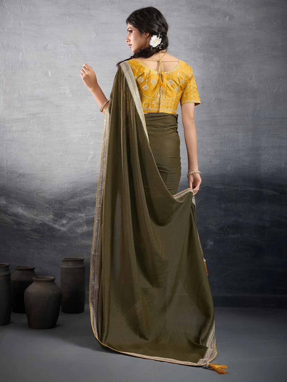 Green Party Wear Georgette Embellished Saree - The Dori Store