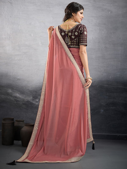 Peach Party Wear Georgette Embellished Saree