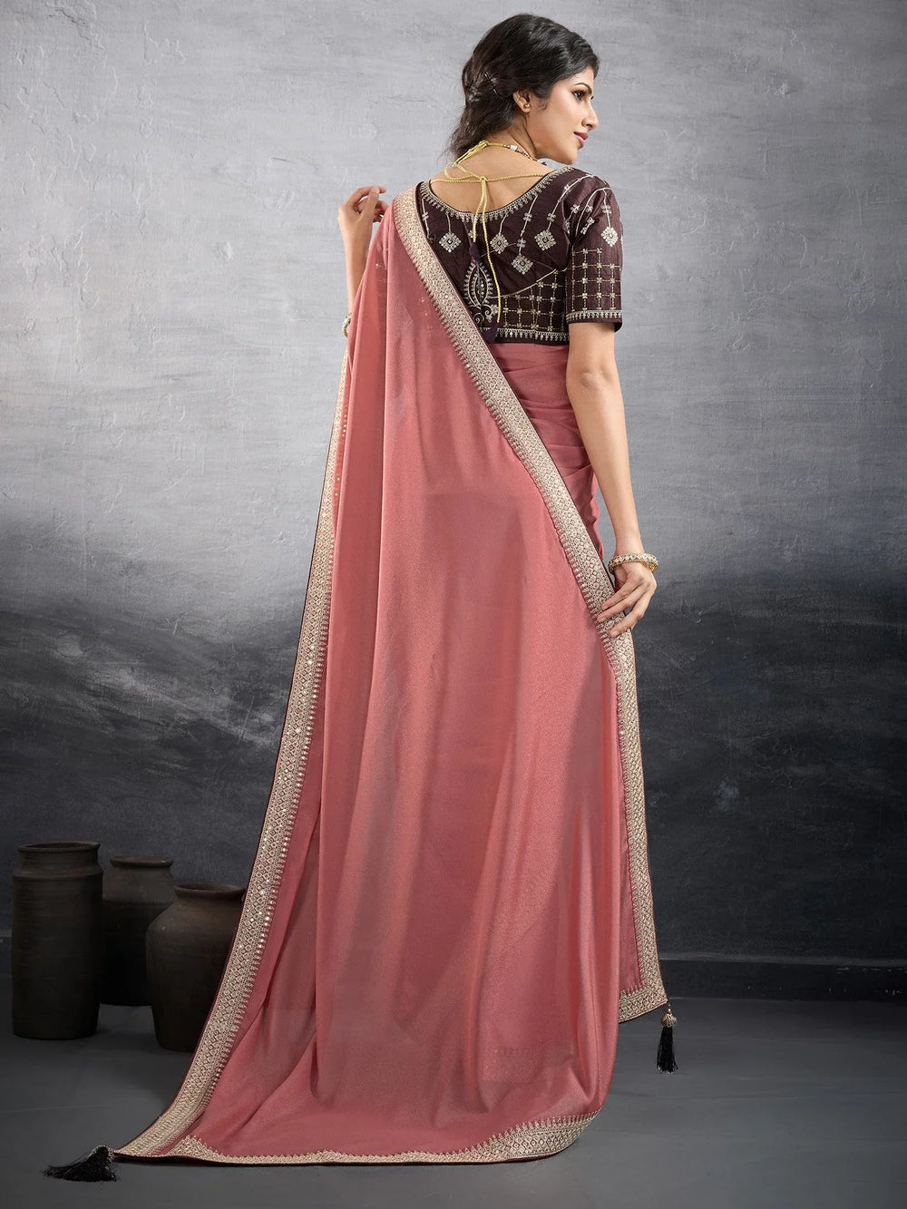 Peach Party Wear Georgette Embellished Saree - The Dori Store