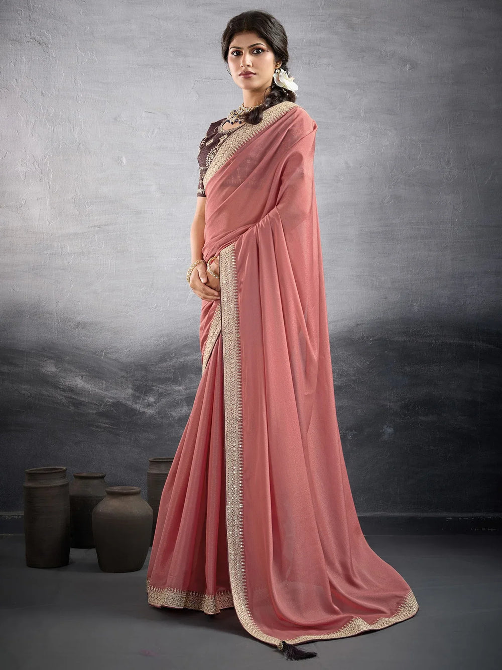 Peach Party Wear Georgette Embellished Saree - The Dori Store