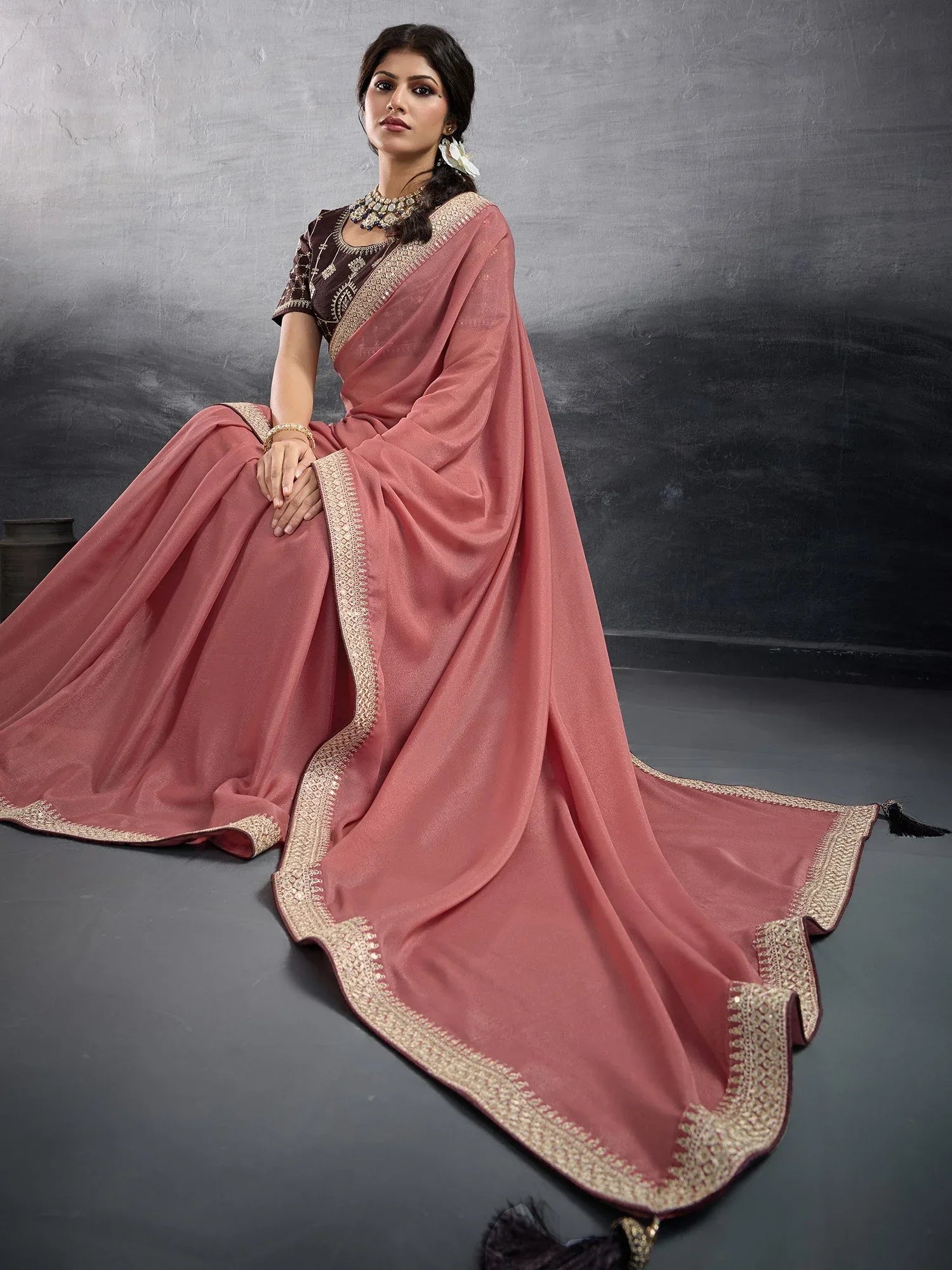 Peach Party Wear Georgette Embellished Saree - The Dori Store