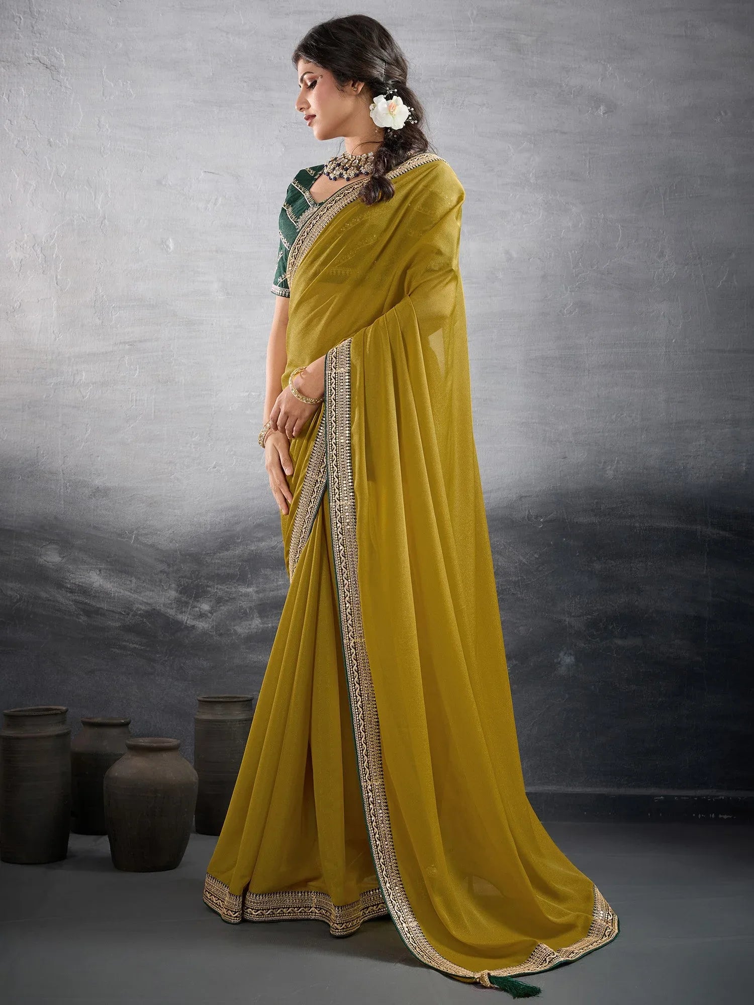 Olive Party Wear Georgette Embellished Saree