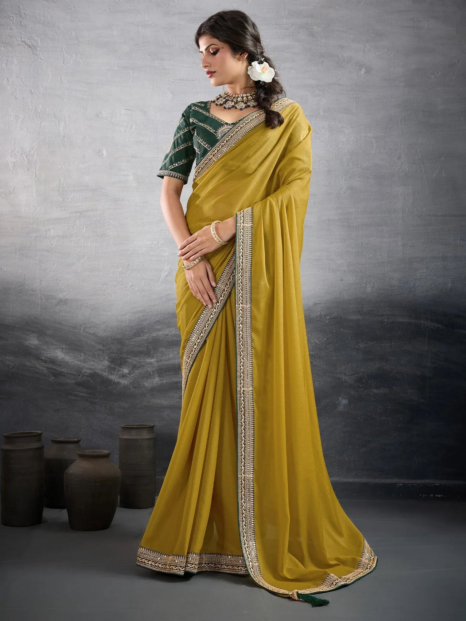 Green Olive Party Wear Georgette Embellished Saree