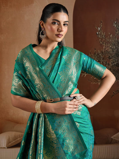 Teal Banarasi Bhagalpuri Silk Woven Saree