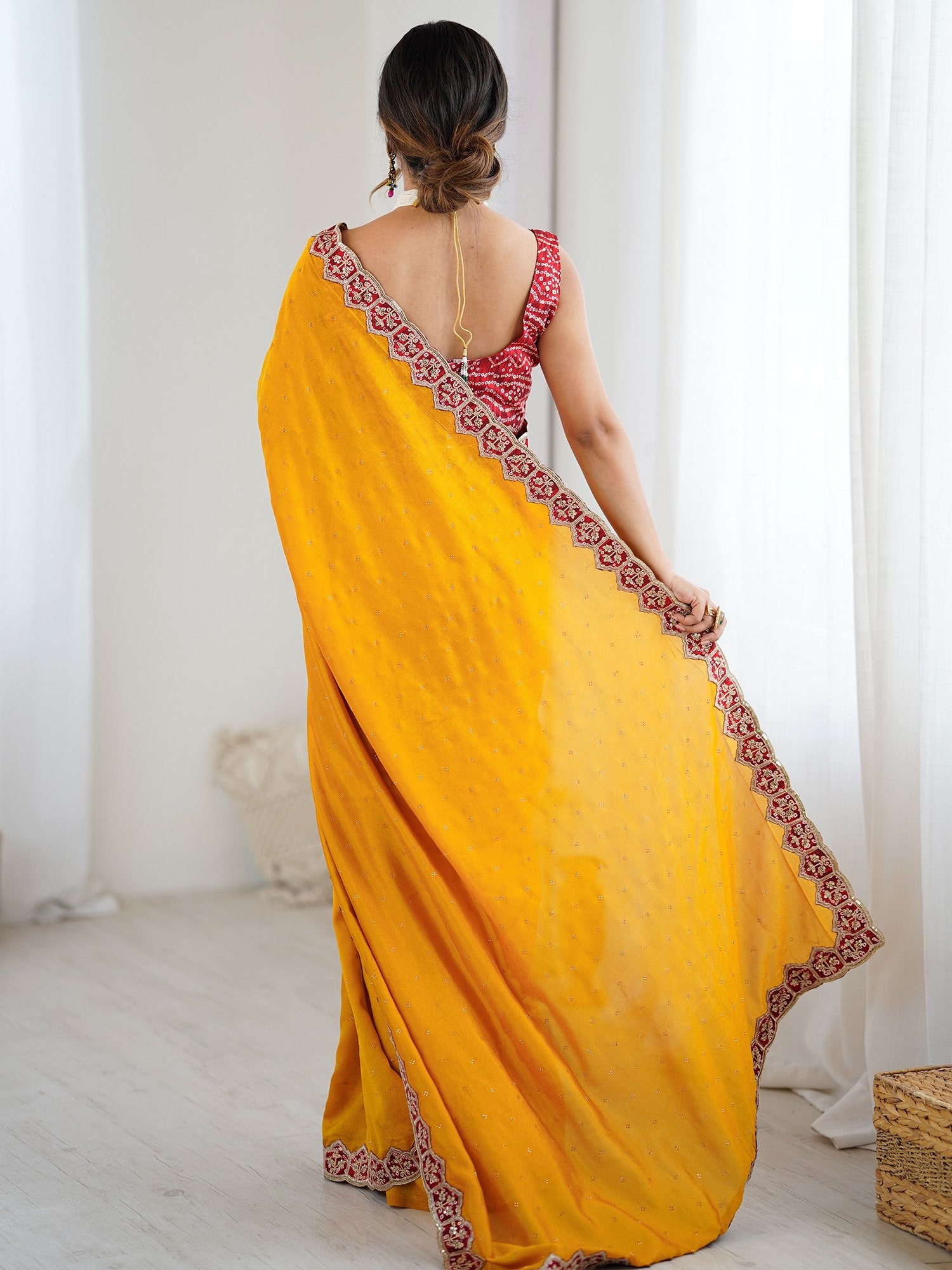 Yellow Party Wear Vichitra Silk Embellished Saree
