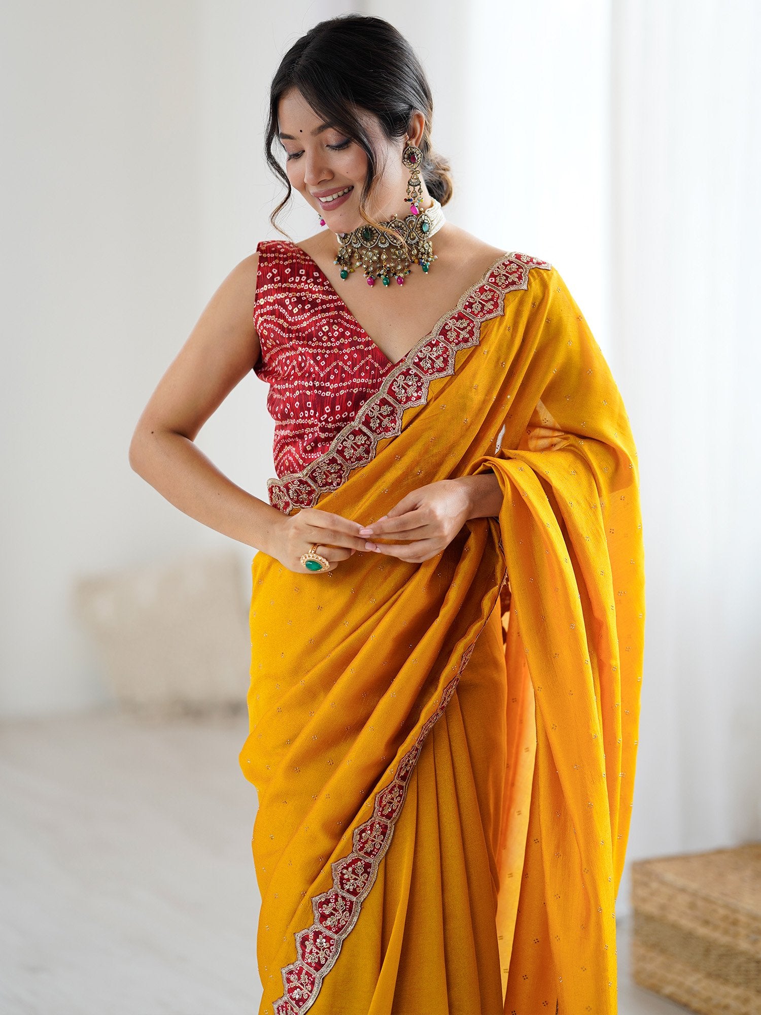 Yellow Party Wear Vichitra Silk Embellished Saree
