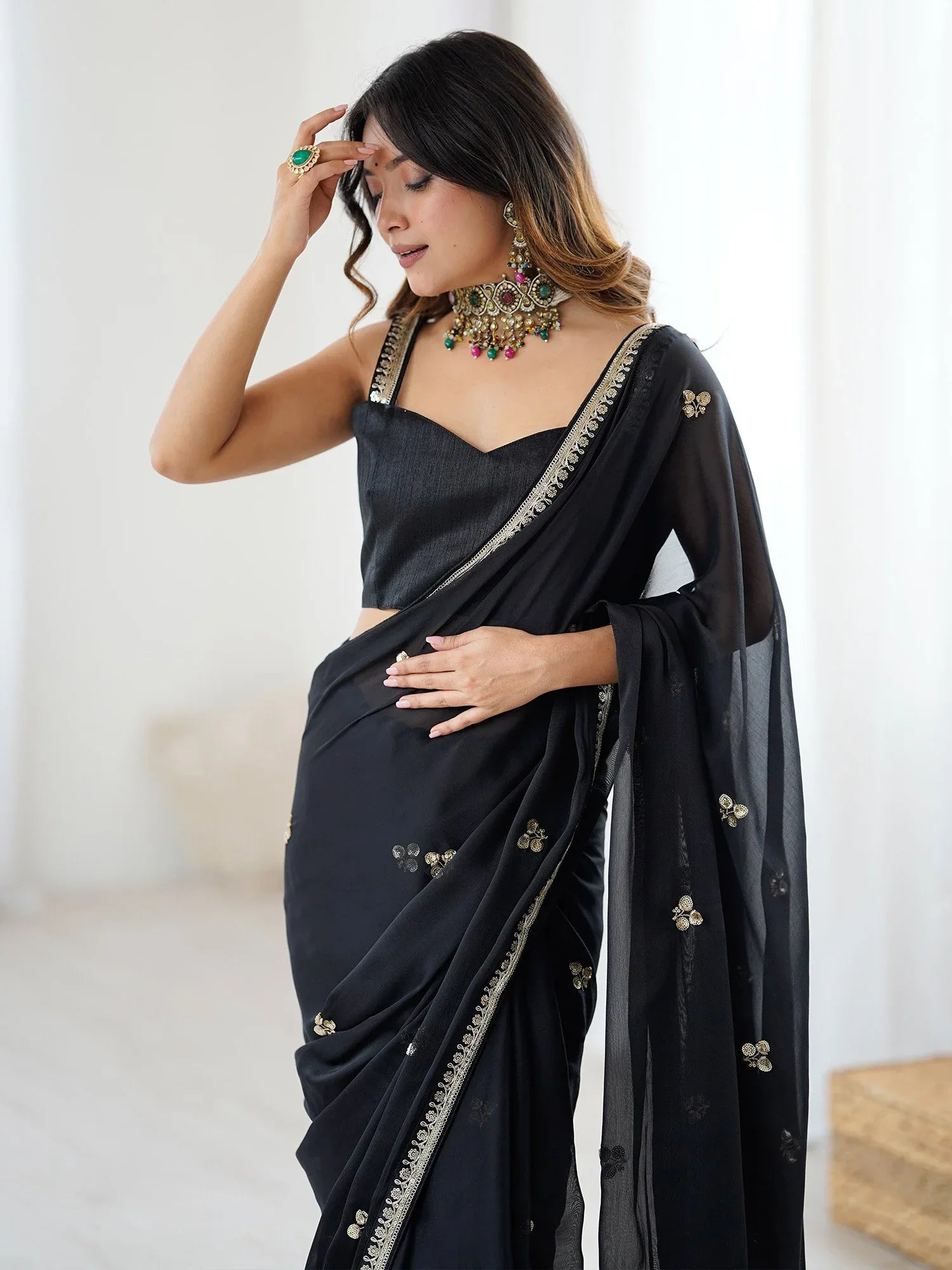 Black Party Wear Georgette Embellished Saree