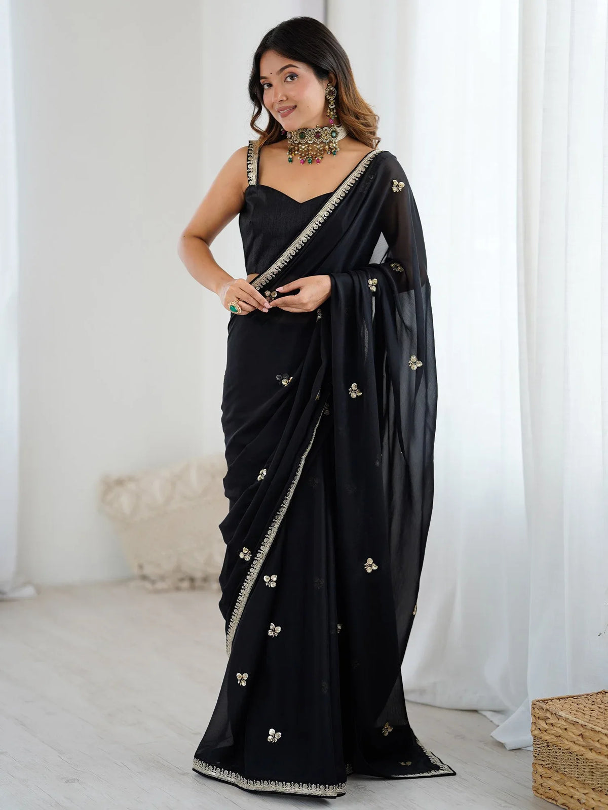 Black Black Party Wear Georgette Embellished Saree
