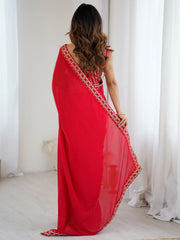 Red Party Wear Vichitra Silk Embellished Saree - The Dori Store