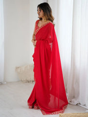 Red Party Wear Vichitra Silk Embellished Saree - The Dori Store