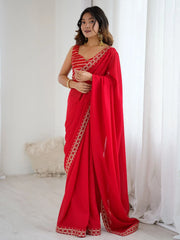Red Party Wear Vichitra Silk Embellished Saree - The Dori Store