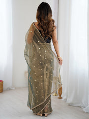 Olive Party Wear Net Embellished Saree