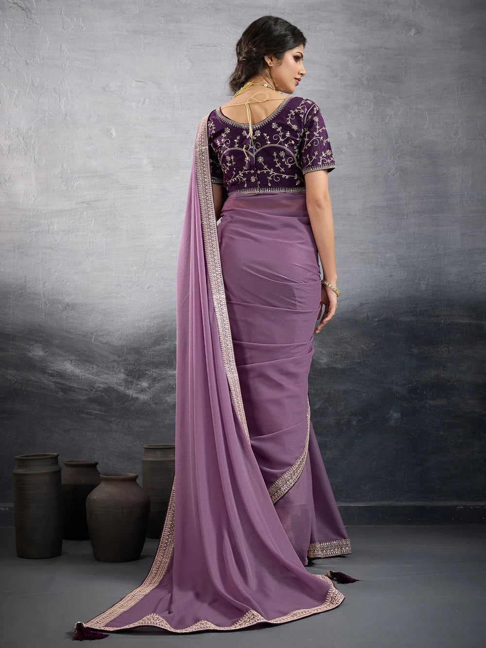 Mauve Party Wear Georgette Embellished Saree - The Dori Store