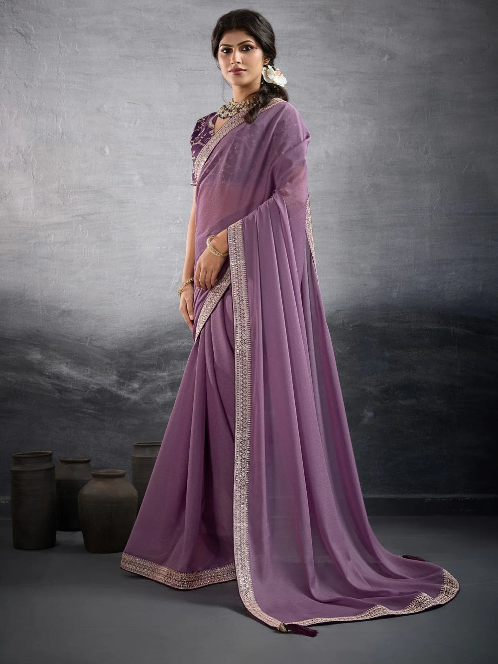 Mauve Party Wear Georgette Embellished Saree - The Dori Store